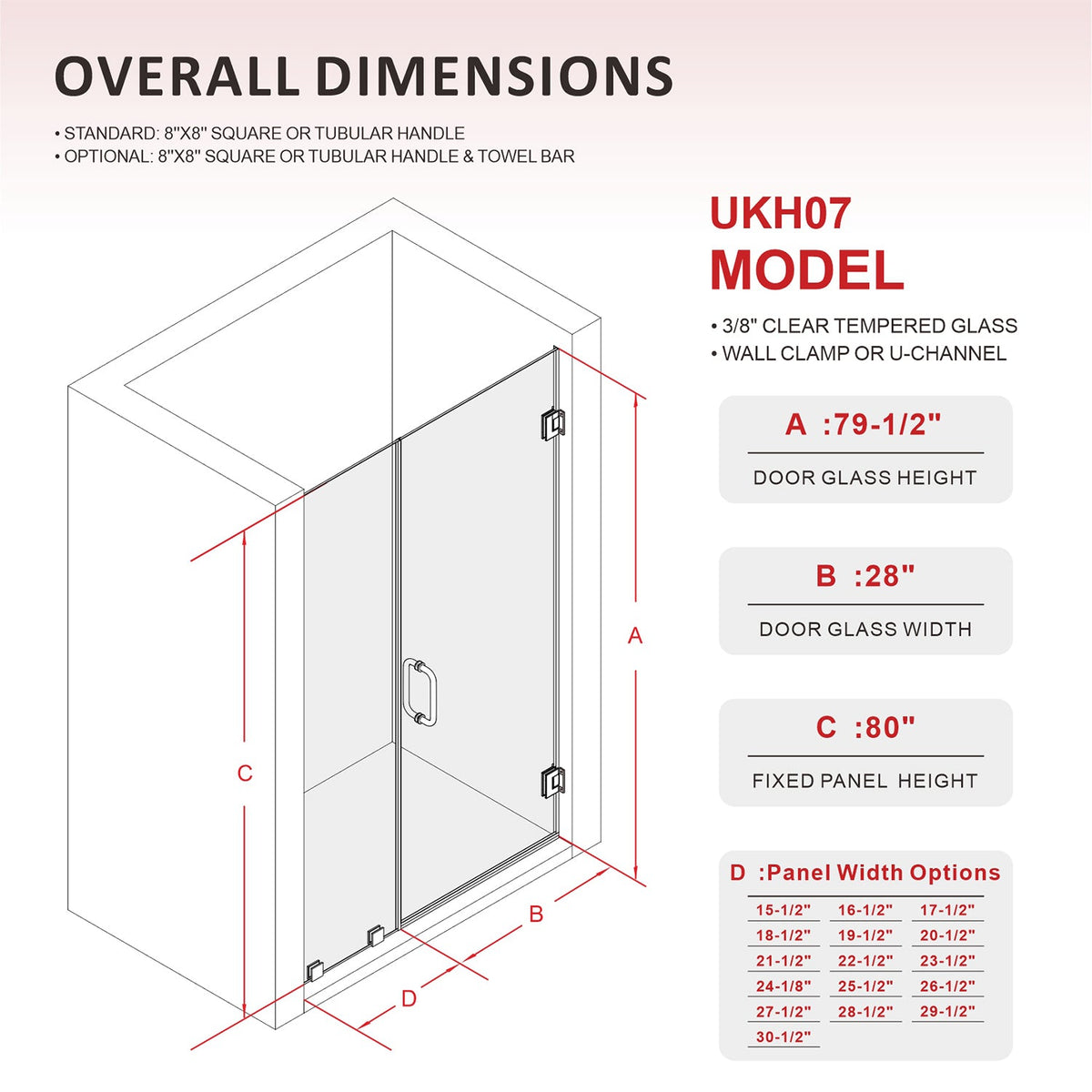 DSH07 58-1/8 in. to 59 in. W x 80 in. H Frameless Swing Shower Door in with Double 3/8" (10mm) Certified Tempered Clear Glass in 26/28 in. Door Panel