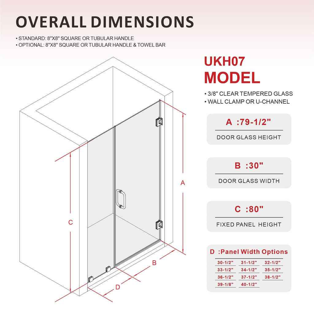 DSH07 66-1/8 in. to 67 in. W x 80 in. H Frameless Swing Shower Door in with Double 3/8" (10mm) Certified Tempered Clear Glass in 30/32 in. Door Panel