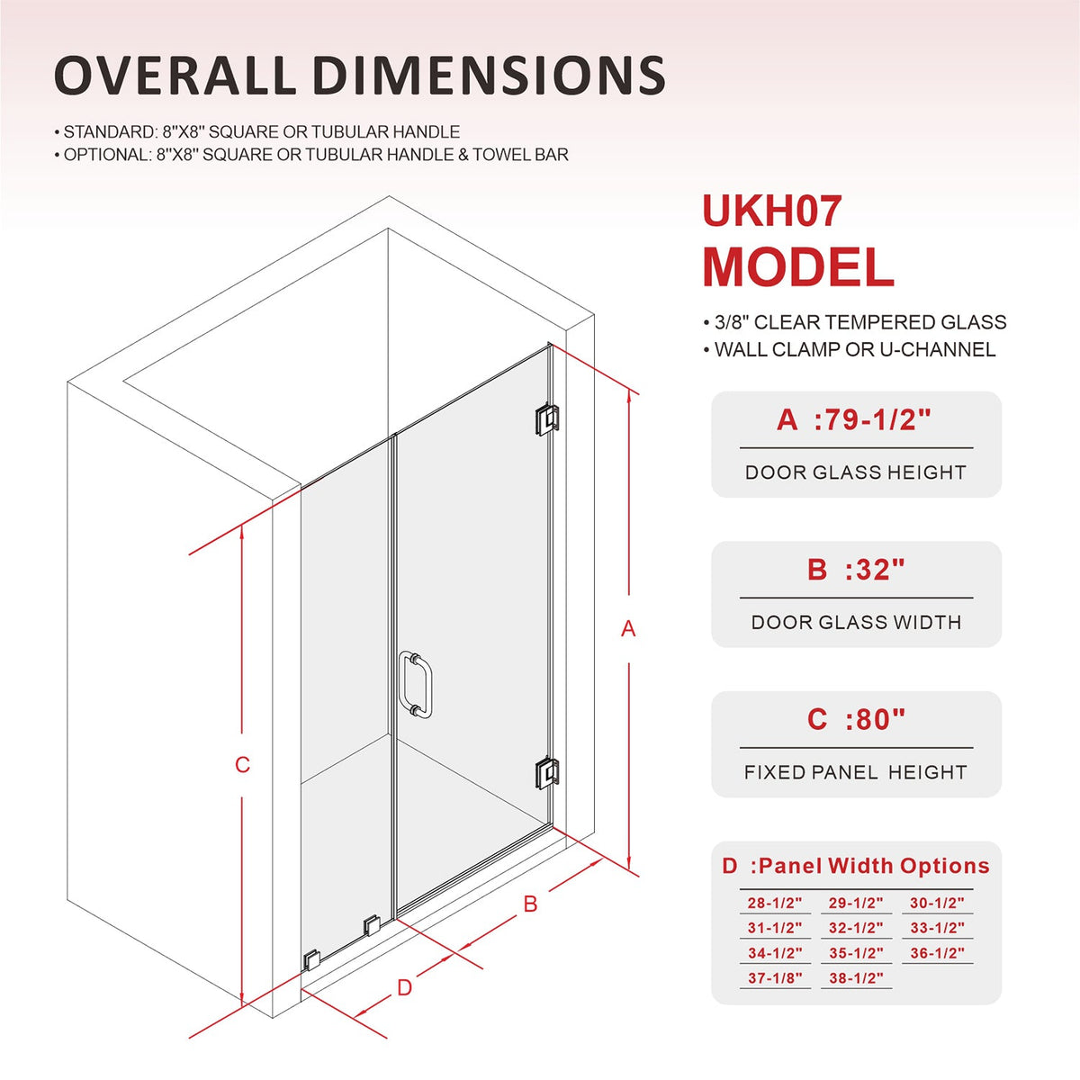 DSH07 69-1/8 in. to 70 in. W x 80 in. H Frameless Swing Shower Door in with Double 3/8" (10mm) Certified Tempered Clear Glass in 30/32 in. Door Panel