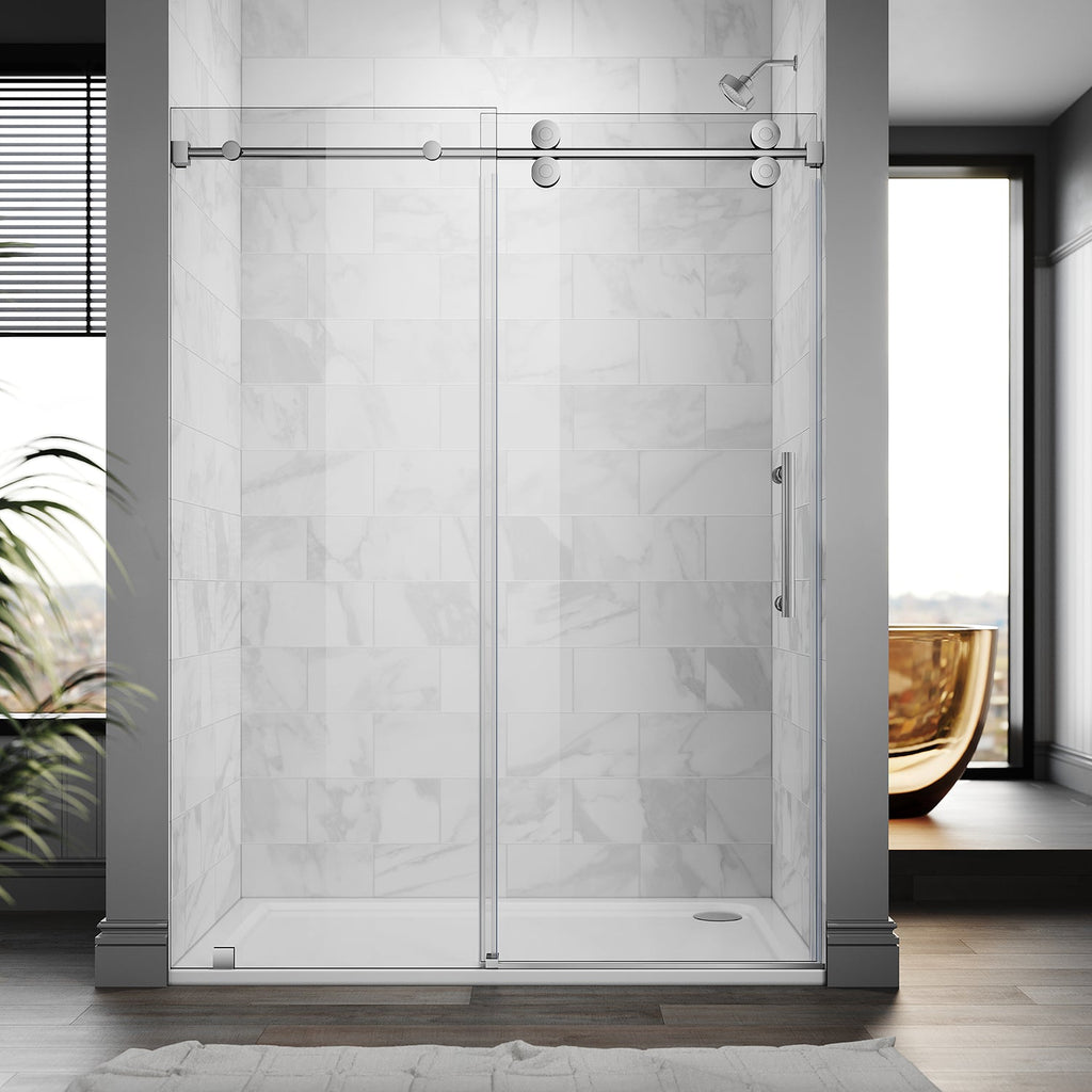 DS04 - 56 to 60 in. W x 80 in. H Sliding Frameless Shower Door, EnduroShield 3/8 in. Optiwhite Glass