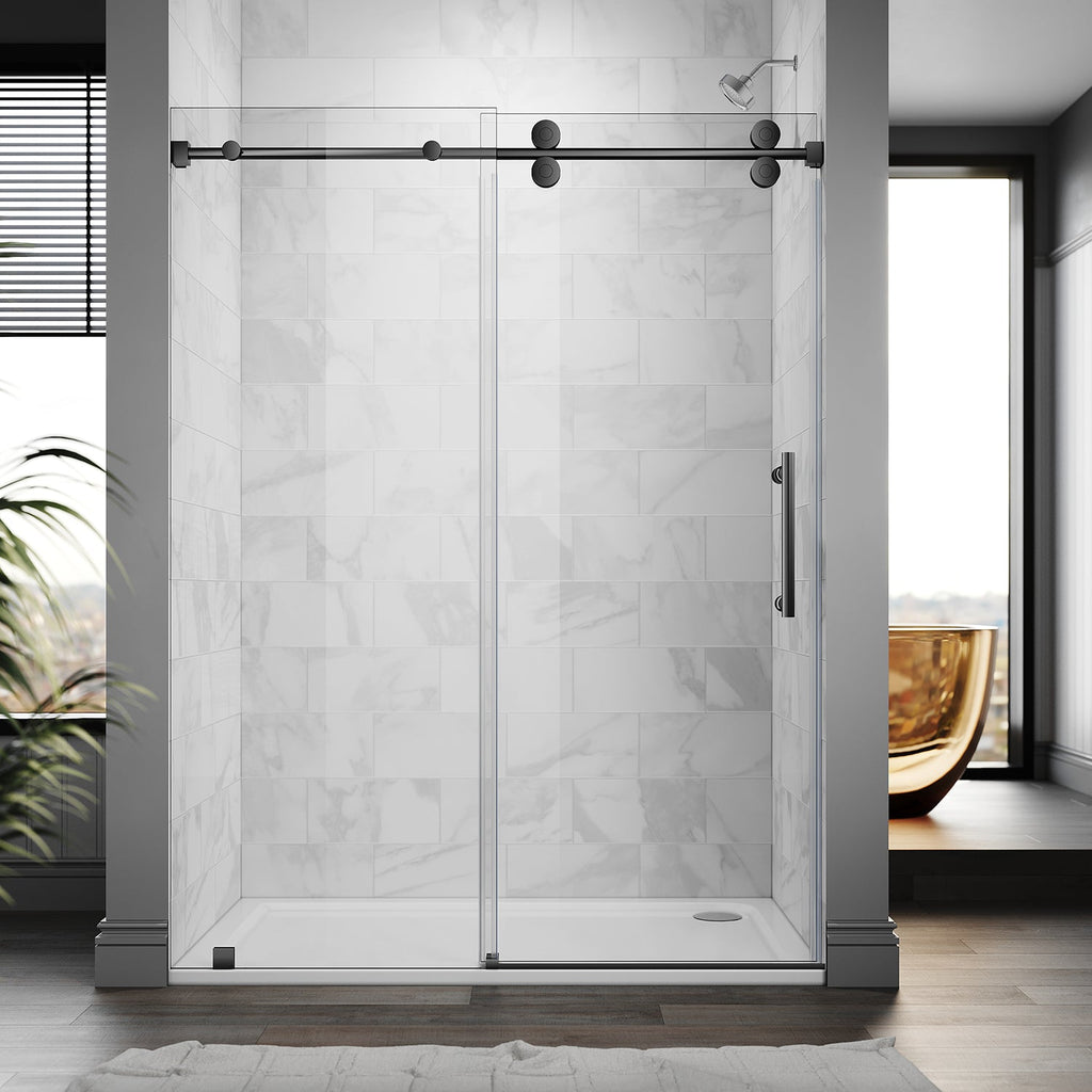 DS04 - 56 to 60 in. W x 80 in. H Sliding Frameless Shower Door, EnduroShield 3/8 in. Optiwhite Glass