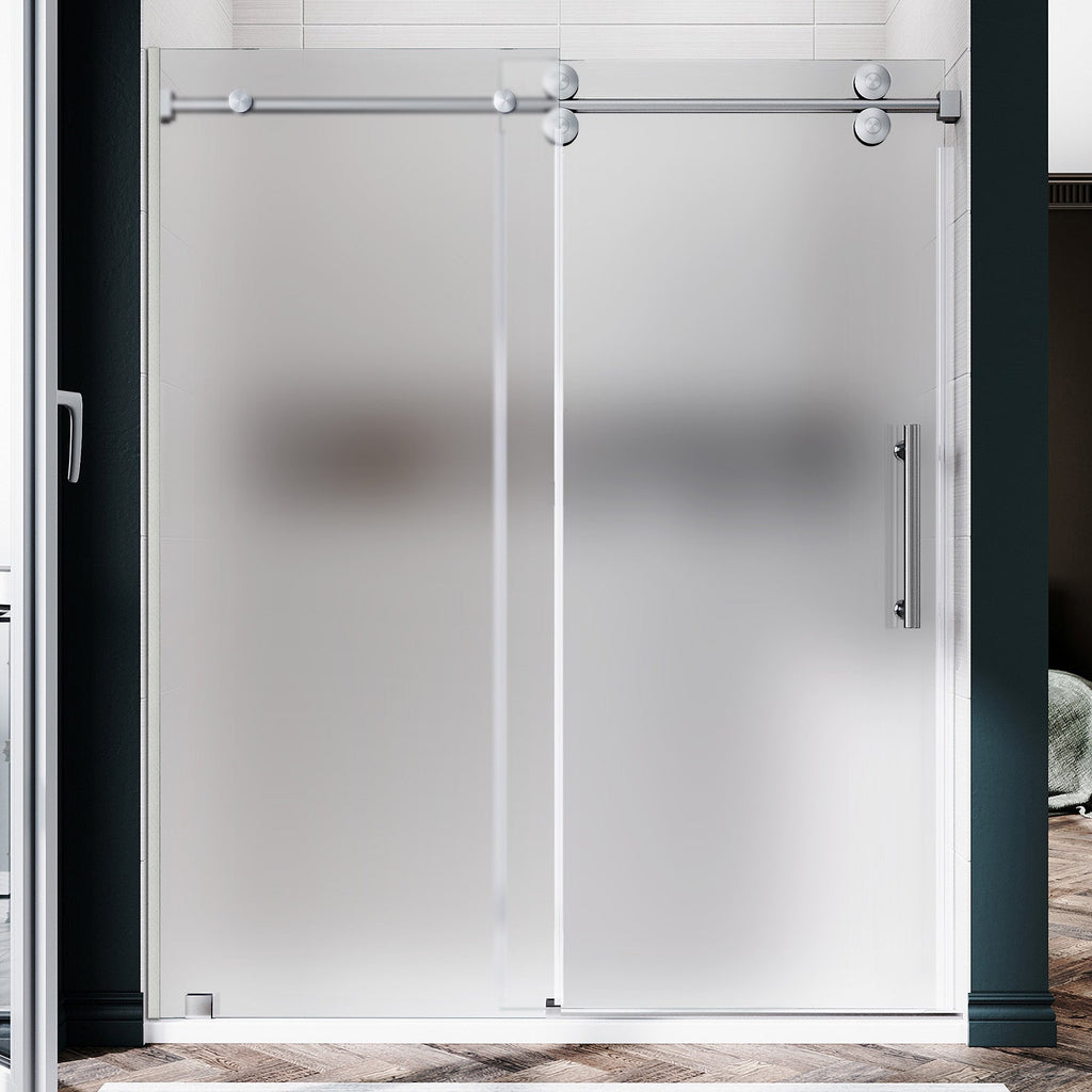 DS04 - 56 to 60 in. W x 80 in. H Sliding Frameless Shower Door, EnduroShield 3/8 in. Acid Etch Glass