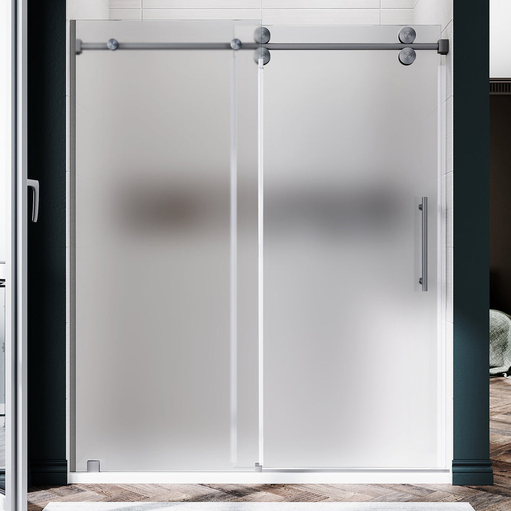 DS04 - 56 to 60 in. W x 80 in. H Sliding Frameless Shower Door, EnduroShield 3/8 in. Acid Etch Glass