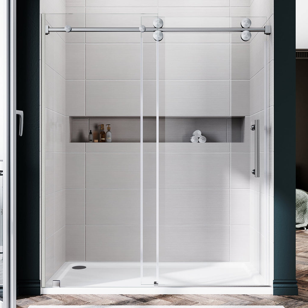 DS04 - 56 to 60 in. W x 80 in. H Sliding Frameless Shower Door, EnduroShield 3/8 in. Optiwhite Glass