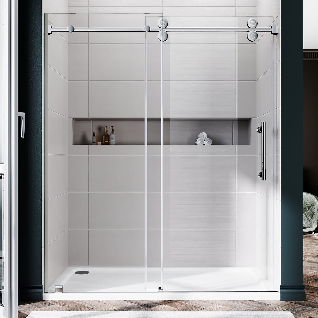 DS04 - 56 to 60 in. W x 80 in. H Sliding Frameless Shower Door, EnduroShield 3/8 in. Acid Etch Glass