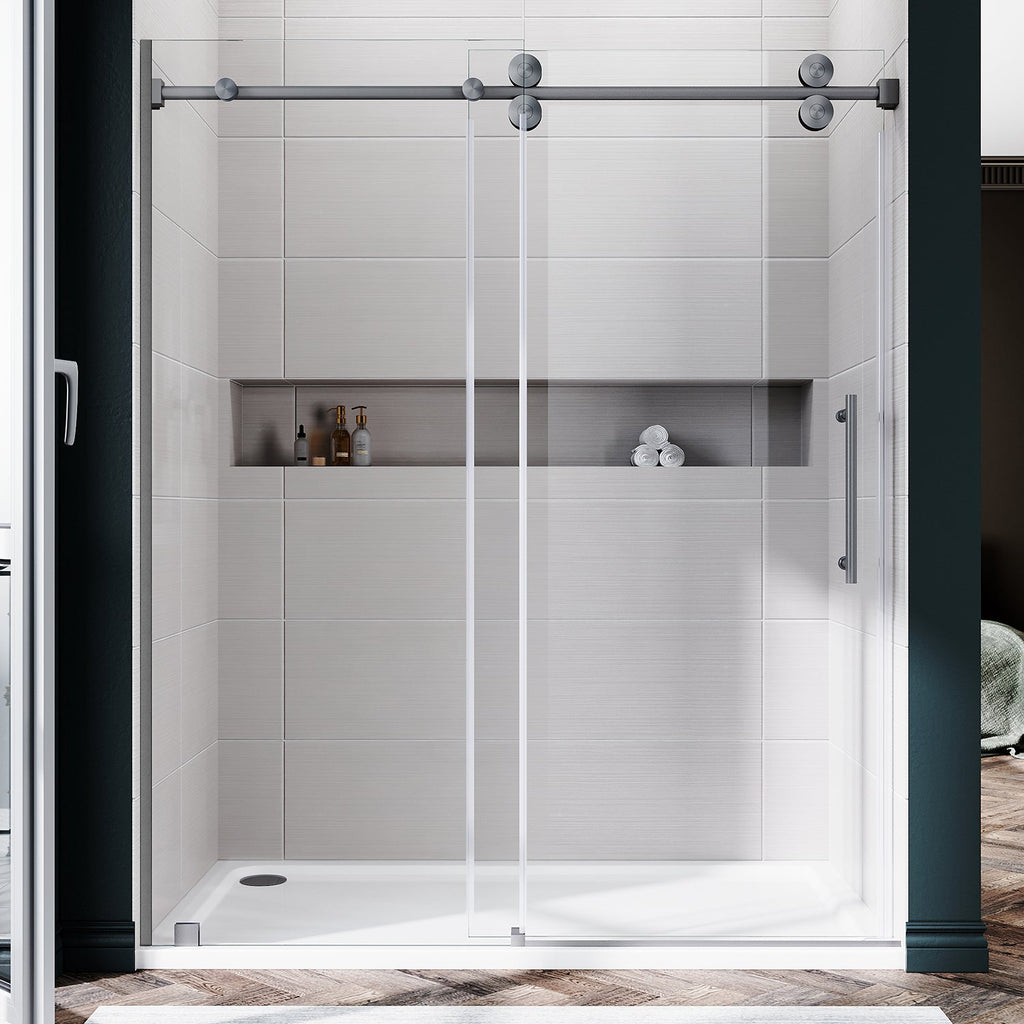 DS04 - 56 to 60 in. W x 80 in. H Sliding Frameless Shower Door, EnduroShield 3/8 in. Optiwhite Glass