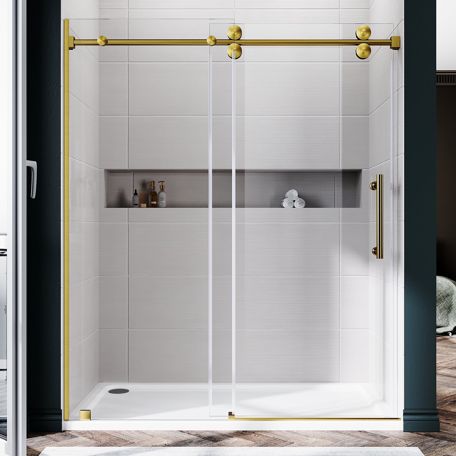 DS04 - 56 to 60 in. W x 80 in. H Sliding Frameless Shower Door, EnduroShield 3/8 in. Optiwhite Glass