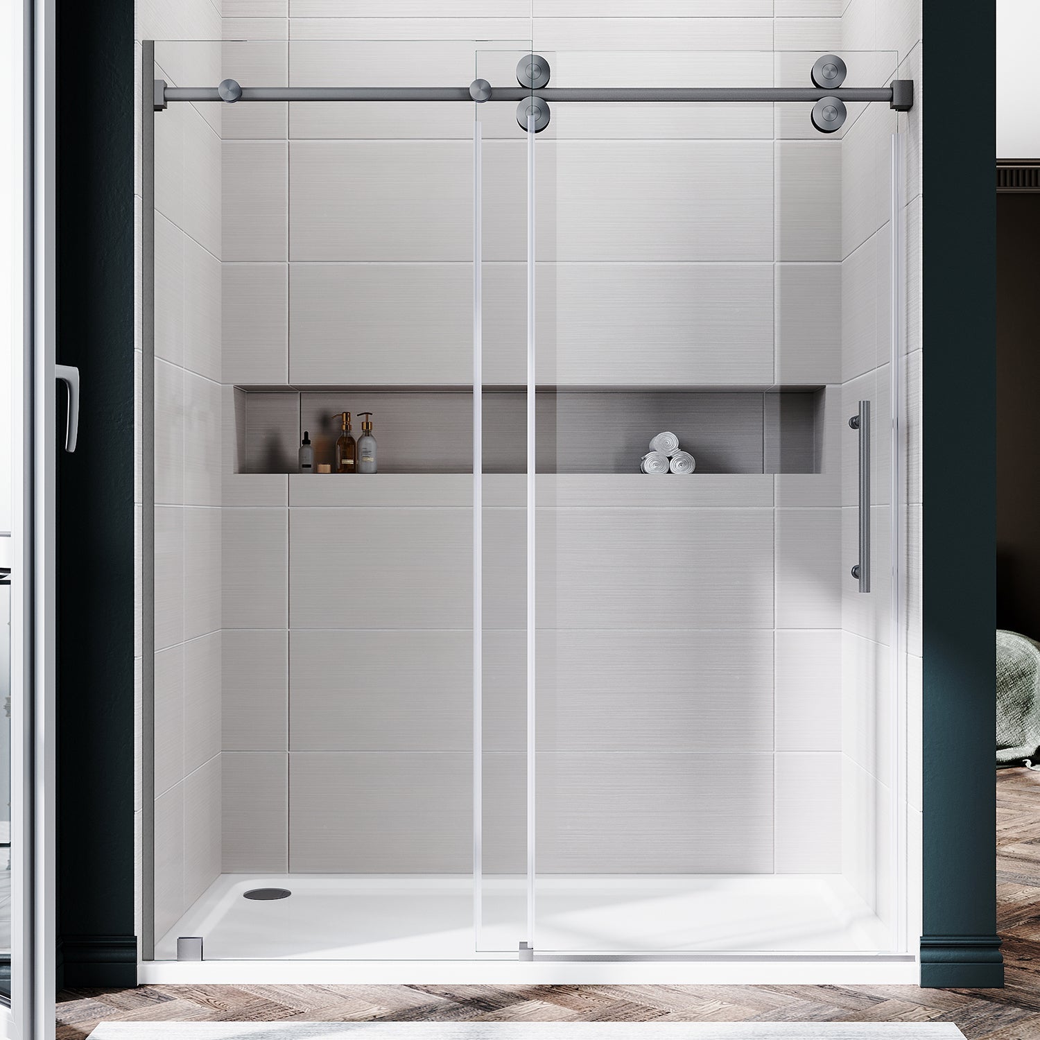 DS04 - 56 to 60 in. W x 80 in. H Sliding Frameless Shower Door, EnduroShield 3/8 in. Optiwhite Glass