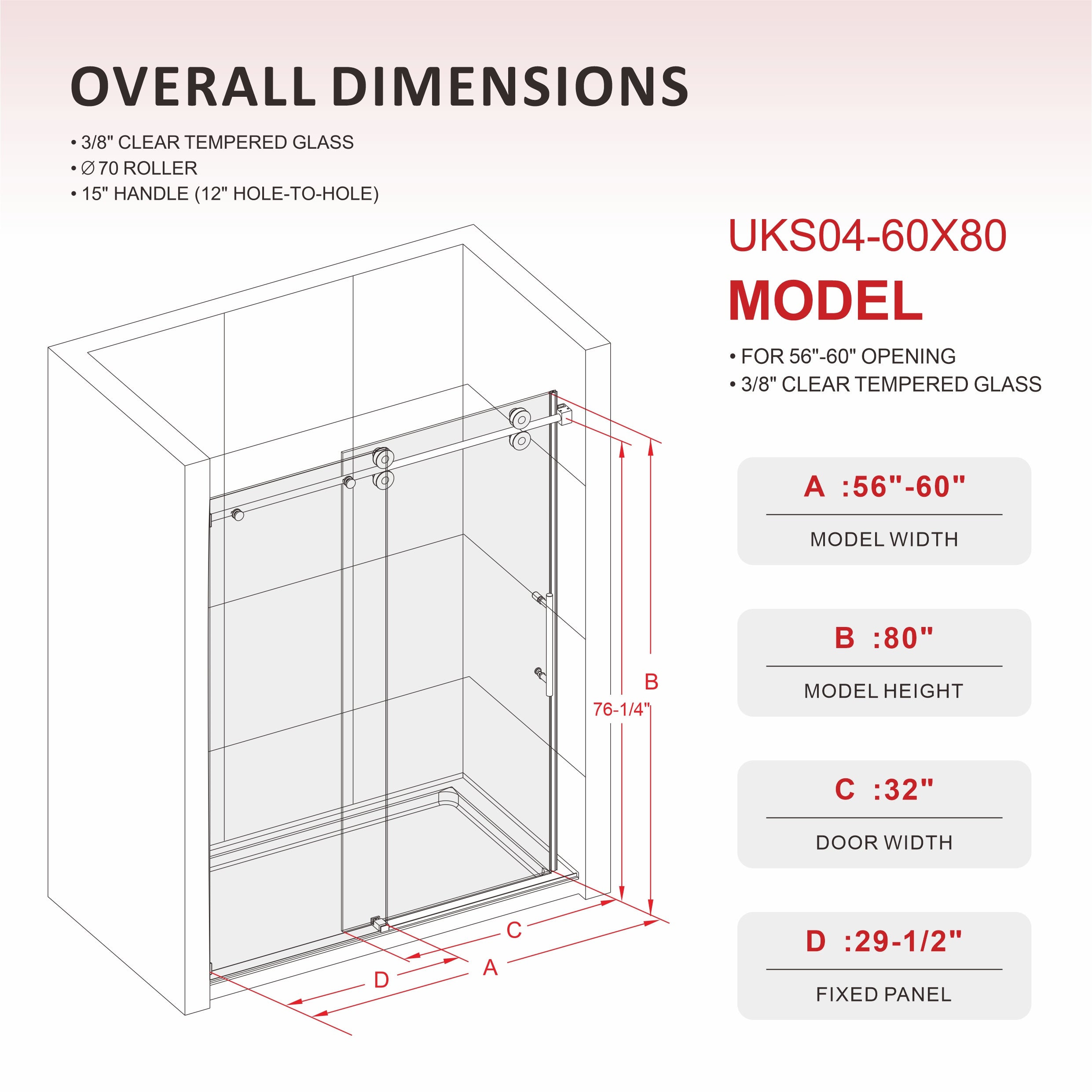 DS04 - 56 to 60 in. W x 80 in. H Sliding Frameless Shower Door, EnduroShield 3/8 in. Optiwhite Glass
