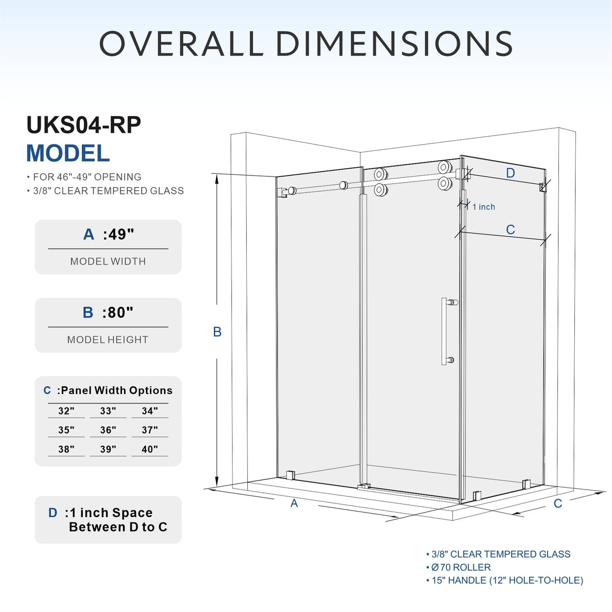 DS04RP 46 to 49 in. W x 32-36 in. D x 80 in. H U-Channel Frameless Sliding Shower Door in with EnduroShield 3/8 in. Clear Glass