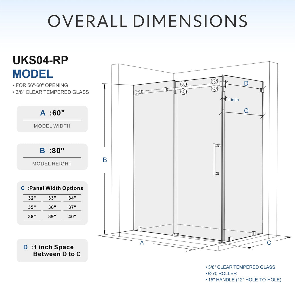 DS04RP 56 to 60 in. W x 32-36 in. D x 80 in. H U-Channel Frameless Sliding Shower Door in with EnduroShield 3/8 in. Clear Glass