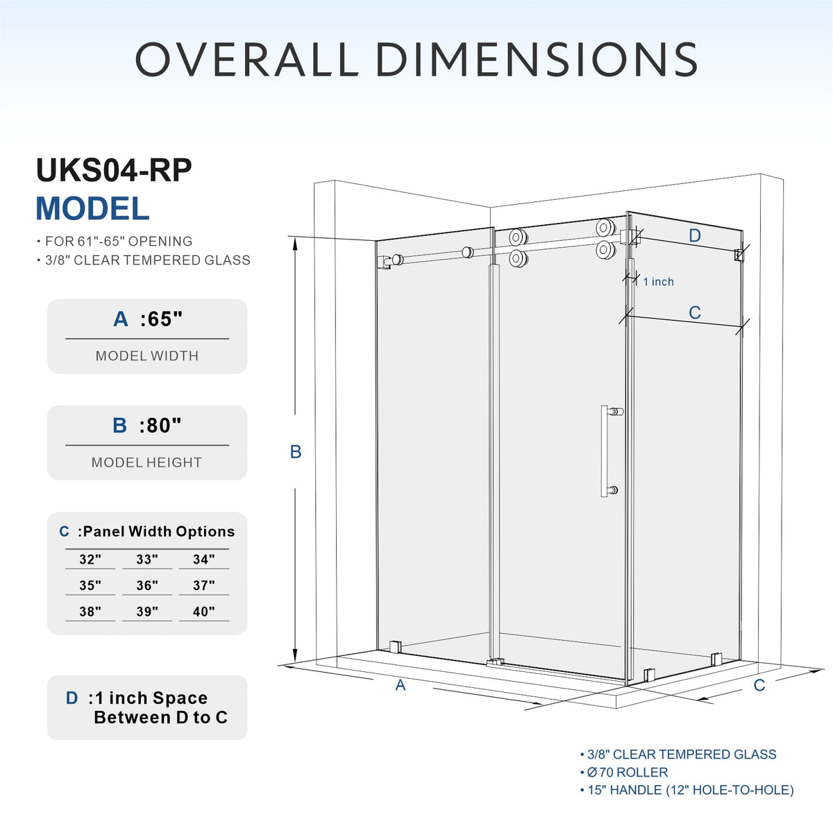DS04RP 61 to 65 in. W x 32-36 in. D x 80 in. H U-Channel Frameless Sliding Shower Door in with EnduroShield 3/8 in. Clear Glass