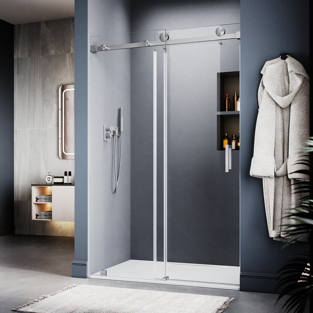 DS05 46 to 49 in. W x 76 or 80 in. H Sliding Frameless Shower Door, EnduroShield 3/8 in. SGCC Clear Glass