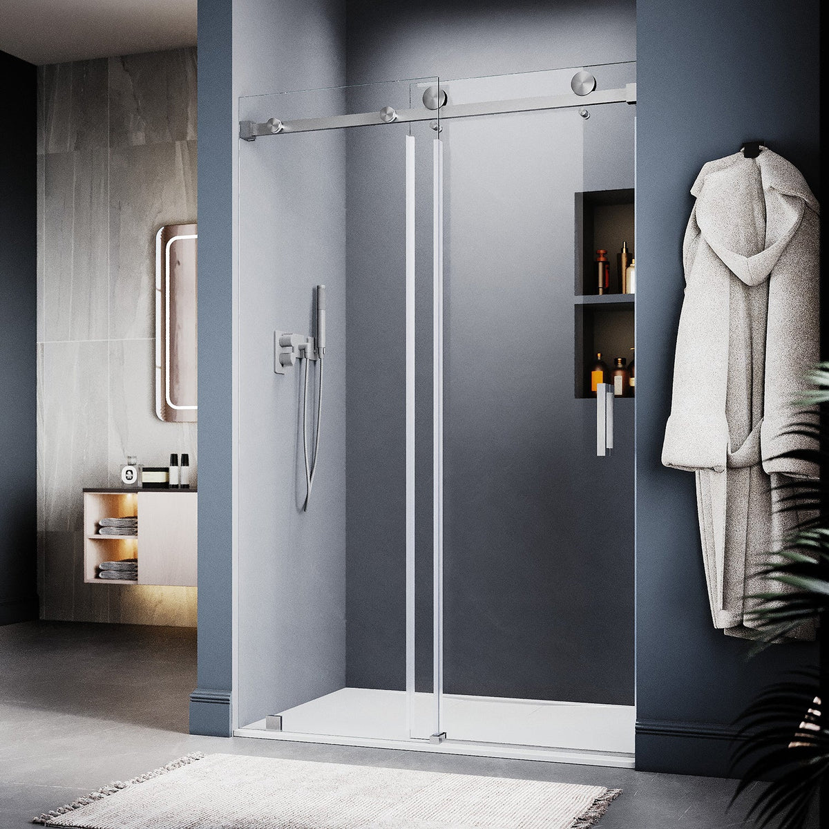 DS05 46 to 49 in. W x 76 or 80 in. H Sliding Frameless Shower Door, EnduroShield 3/8 in. SGCC Clear Glass