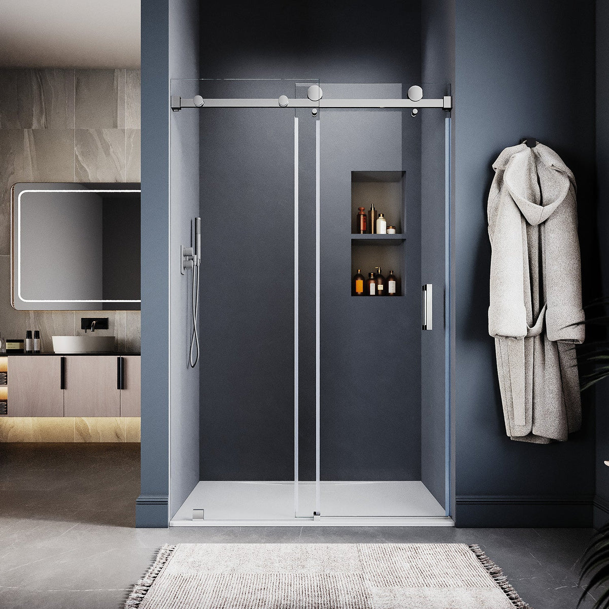 DS05 46 to 49 in. W x 76 or 80 in. H Sliding Frameless Shower Door, EnduroShield 3/8 in. SGCC Clear Glass