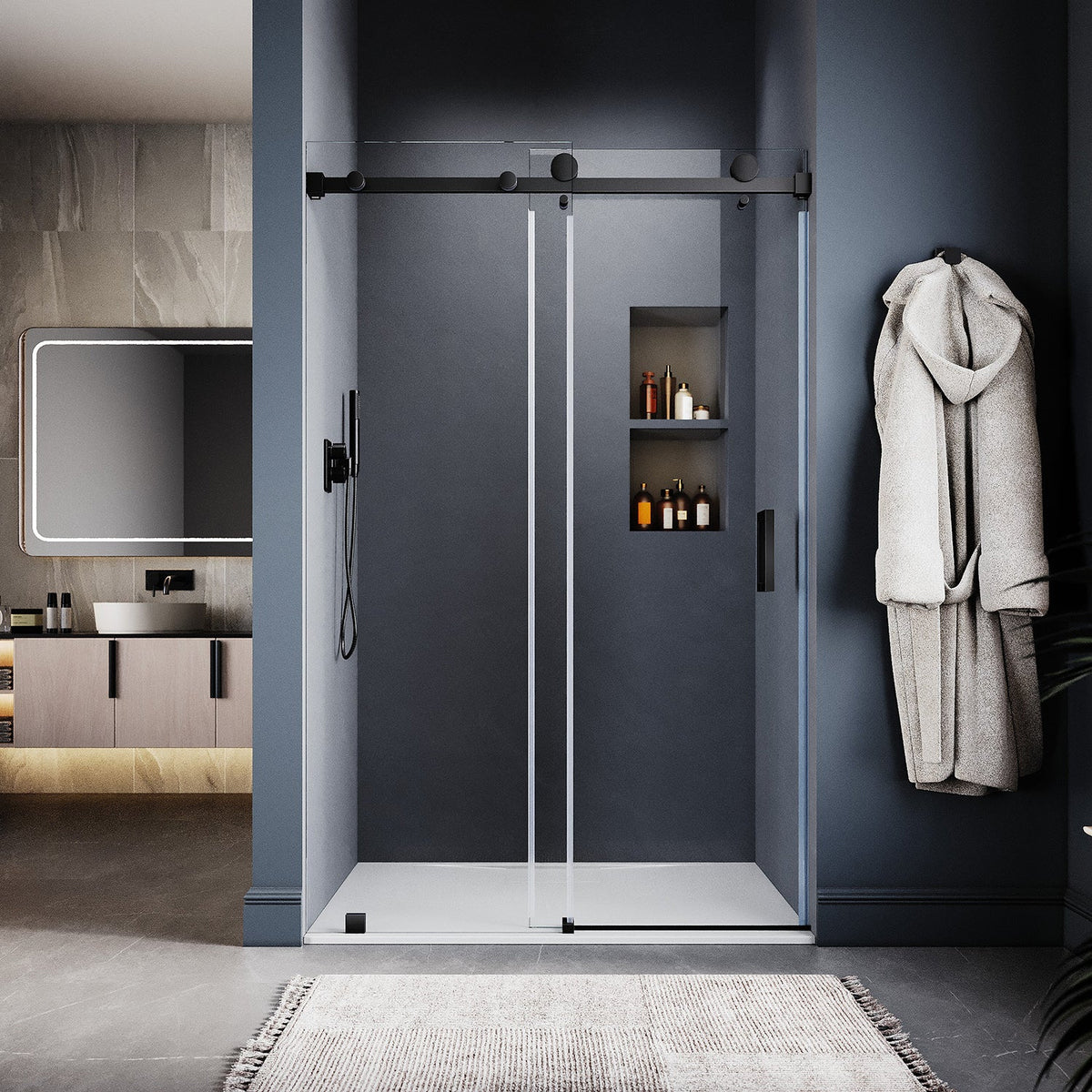 DS05 46 to 49 in. W x 76 or 80 in. H Sliding Frameless Shower Door, EnduroShield 3/8 in. SGCC Clear Glass