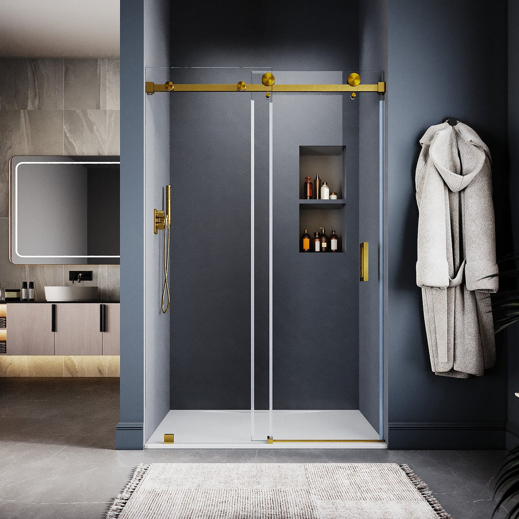 DS05 46 to 49 in. W x 76 or 80 in. H Sliding Frameless Shower Door, EnduroShield 3/8 in. SGCC Clear Glass