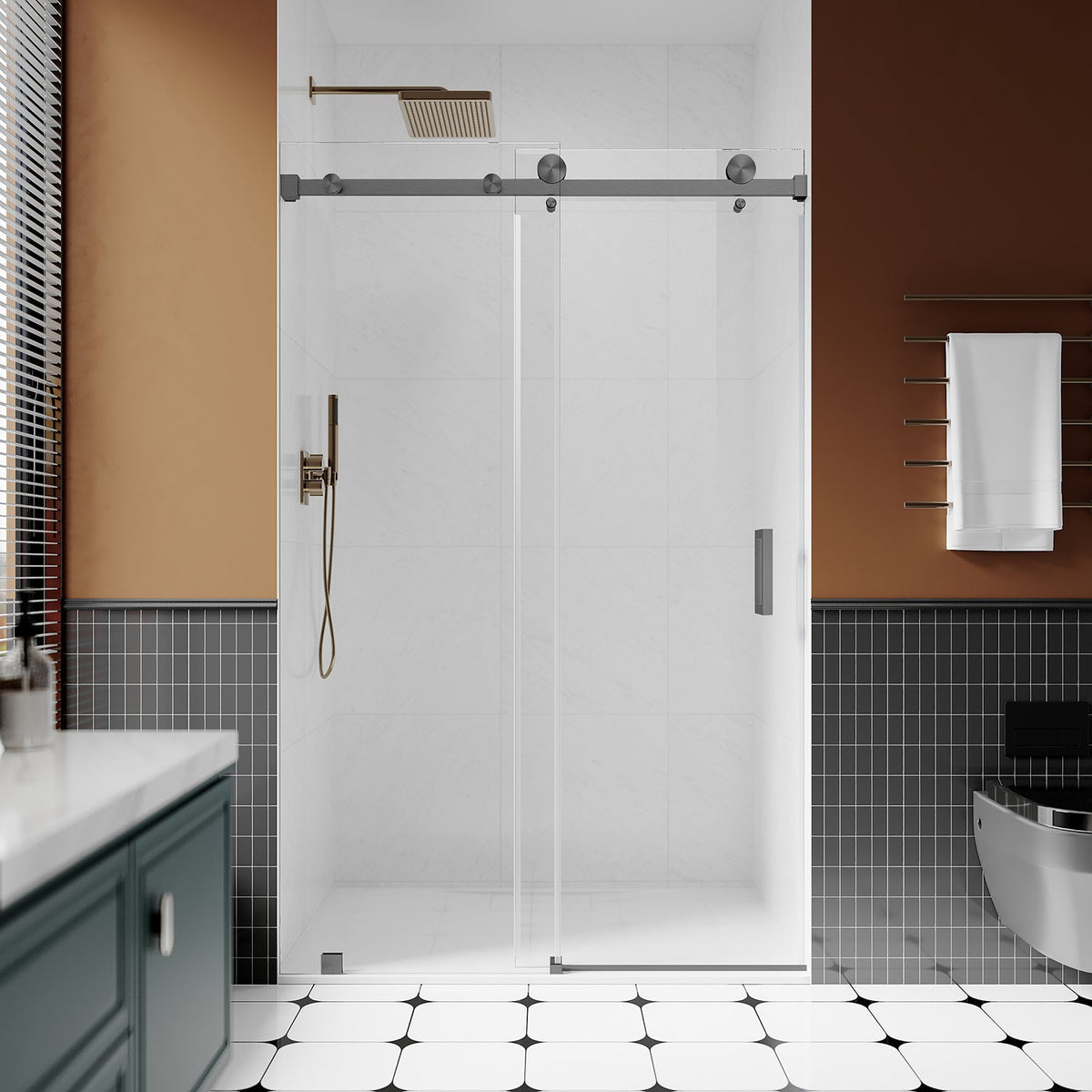 DS05 46 to 49 in. W x 76 or 80 in. H Sliding Frameless Shower Door, EnduroShield 3/8 in. SGCC Clear Glass