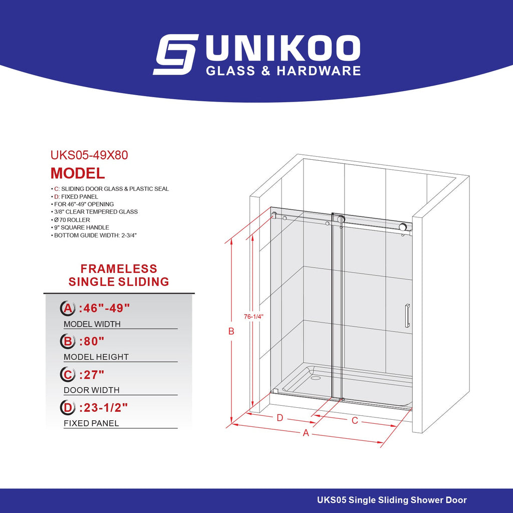 DS05 46 to 49 in. W x 76 or 80 in. H Sliding Frameless Shower Door, EnduroShield 3/8 in. SGCC Clear Glass
