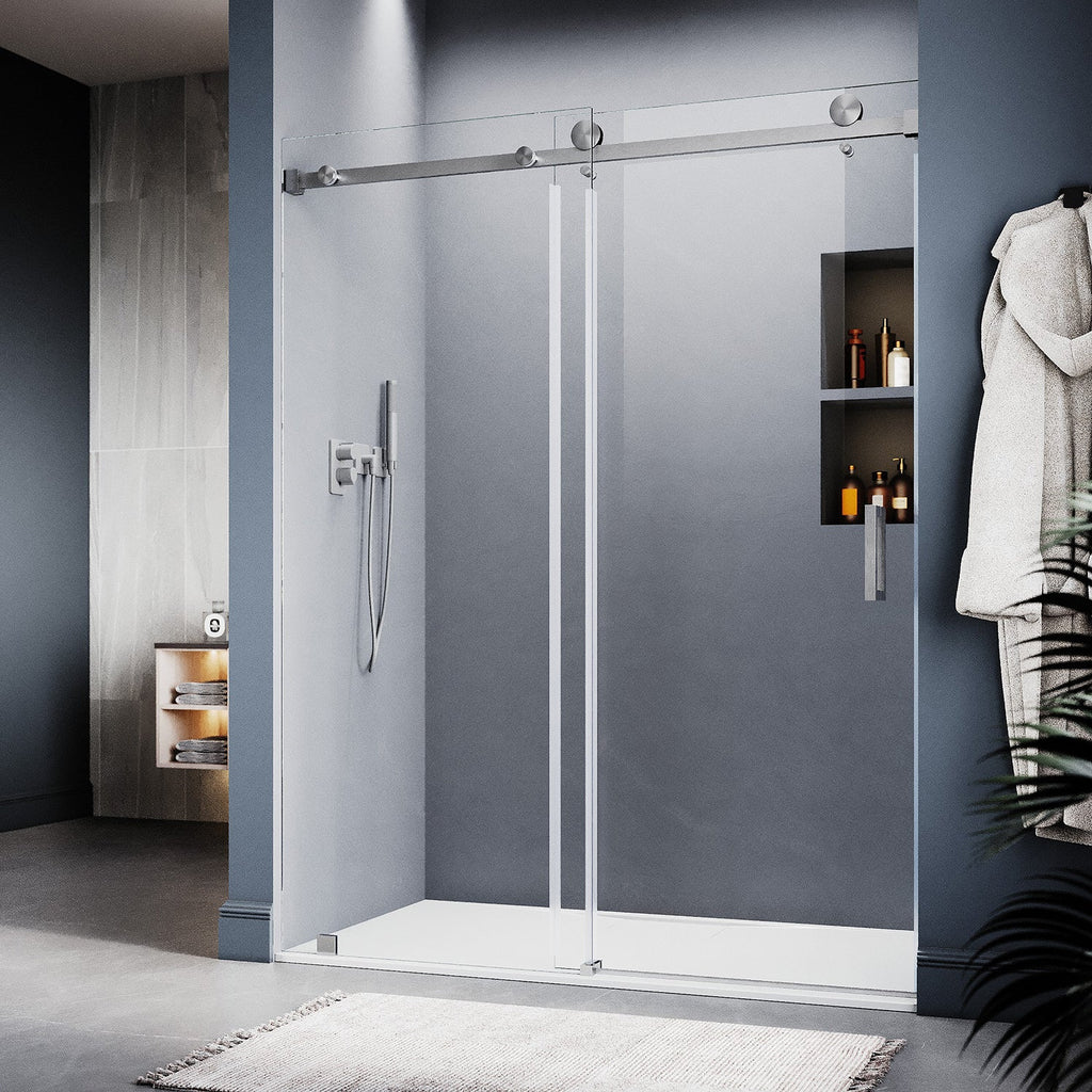 DS05 50 to 55 in. W x 76 or 80in. H Sliding Frameless Shower Door, EnduroShield 3/8 in. SGCC Clear Glass