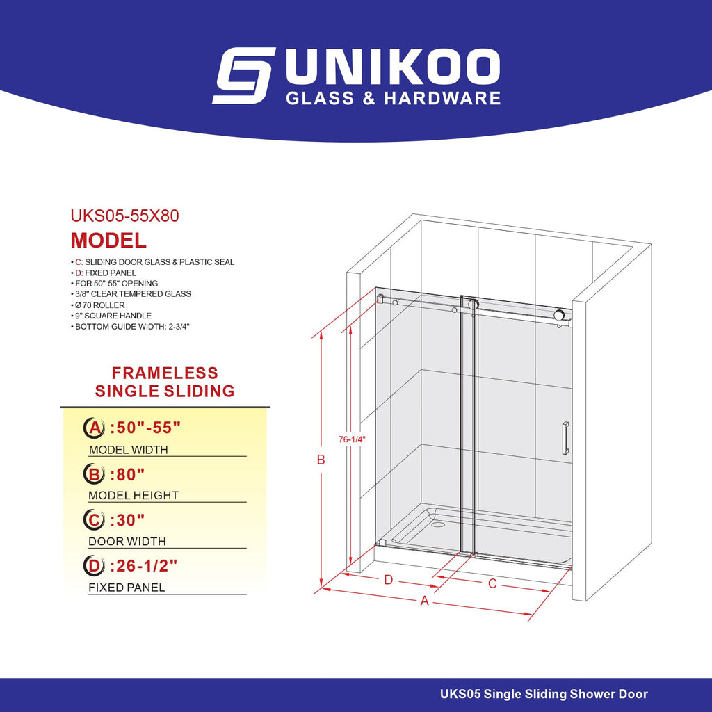 DS05 50 to 55 in. W x 76 or 80in. H Sliding Frameless Shower Door, EnduroShield 3/8 in. SGCC Clear Glass