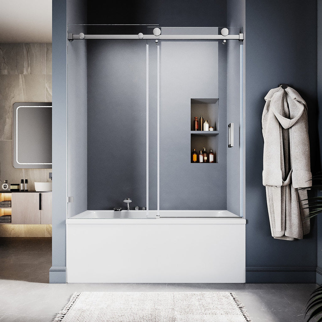 DS05 56 to 60 in. W x 66 in. H Sliding Frameless Bathtub Door with EnduroShield 3/8" SGCC Clear Glass