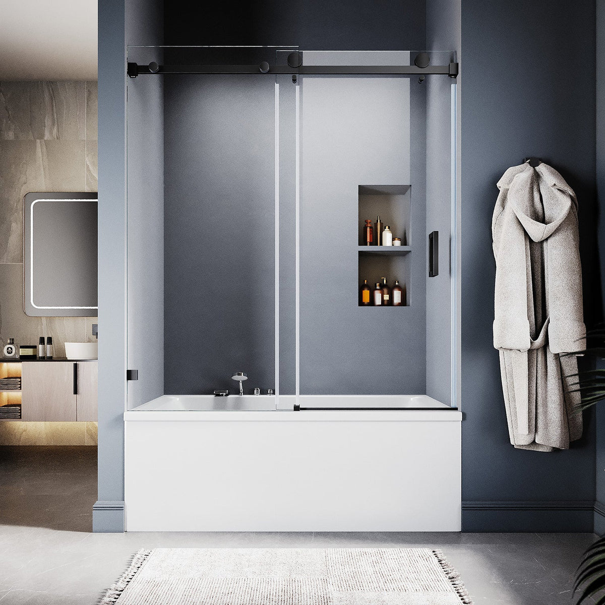 DS05 56 to 60 in. W x 66 in. H Sliding Frameless Bathtub Door with EnduroShield 3/8" SGCC Clear Glass