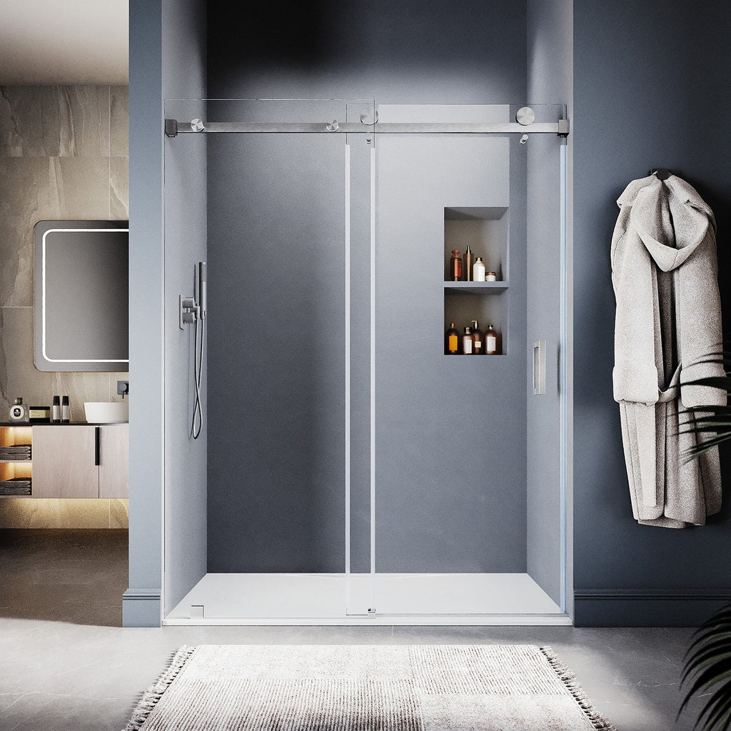 DS05 56 to 60 in. W x 76 in. H Sliding Frameless Shower Door, EnduroShield 3/8 in. SGCC Clear Glass