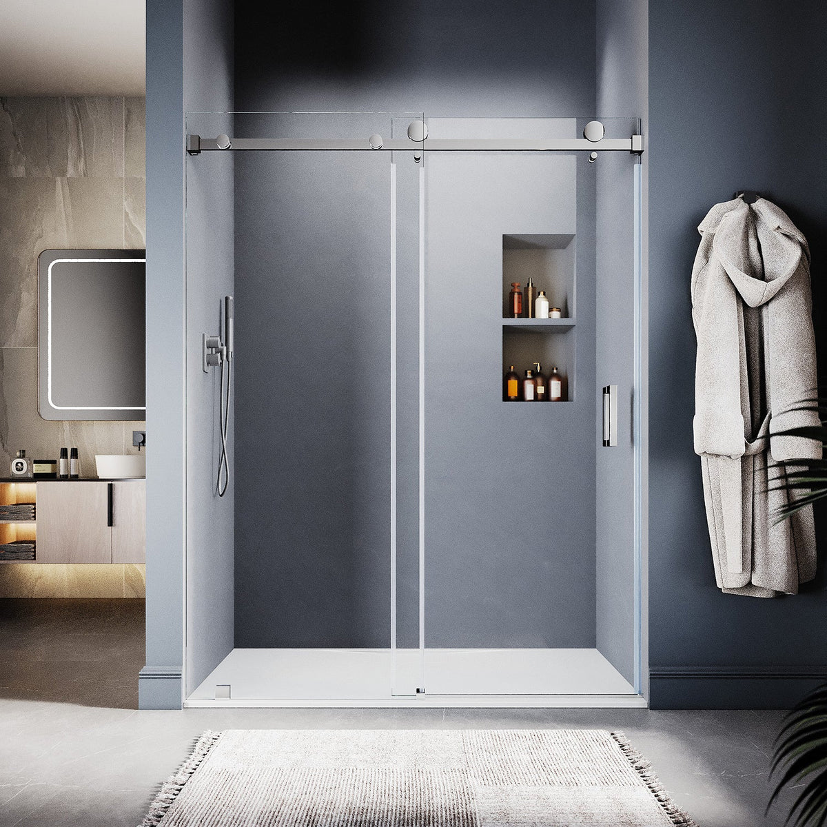 DS05 56 to 60 in. W x 76 in. H Sliding Frameless Shower Door, EnduroShield 3/8 in. SGCC Clear Glass