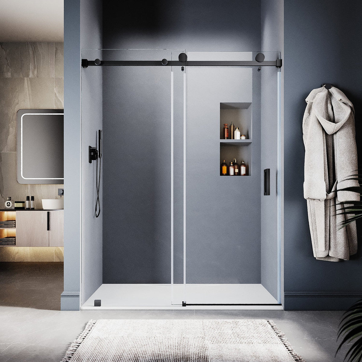 DS05 56 to 60 in. W x 76 in. H Sliding Frameless Shower Door, EnduroShield 3/8 in. SGCC Clear Glass