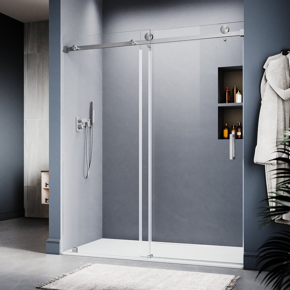DS05 61 to 65 in. W x 76 or 80 in. H Sliding Frameless Shower Door, EnduroShield 3/8 in. SGCC Clear Glass