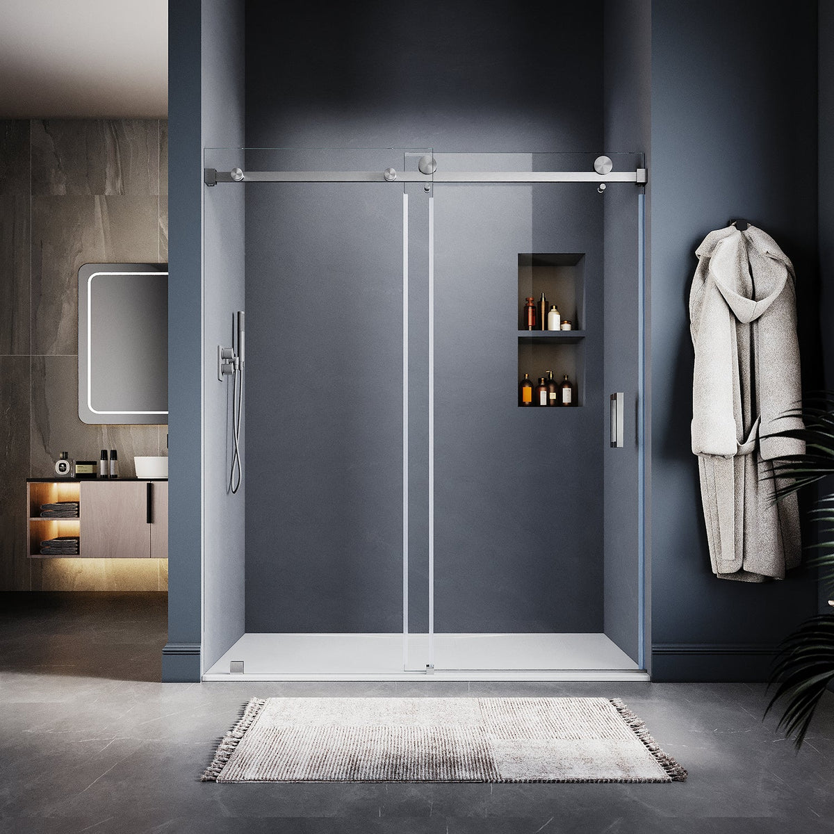 DS05 61 to 65 in. W x 76 or 80 in. H Sliding Frameless Shower Door, EnduroShield 3/8 in. SGCC Clear Glass