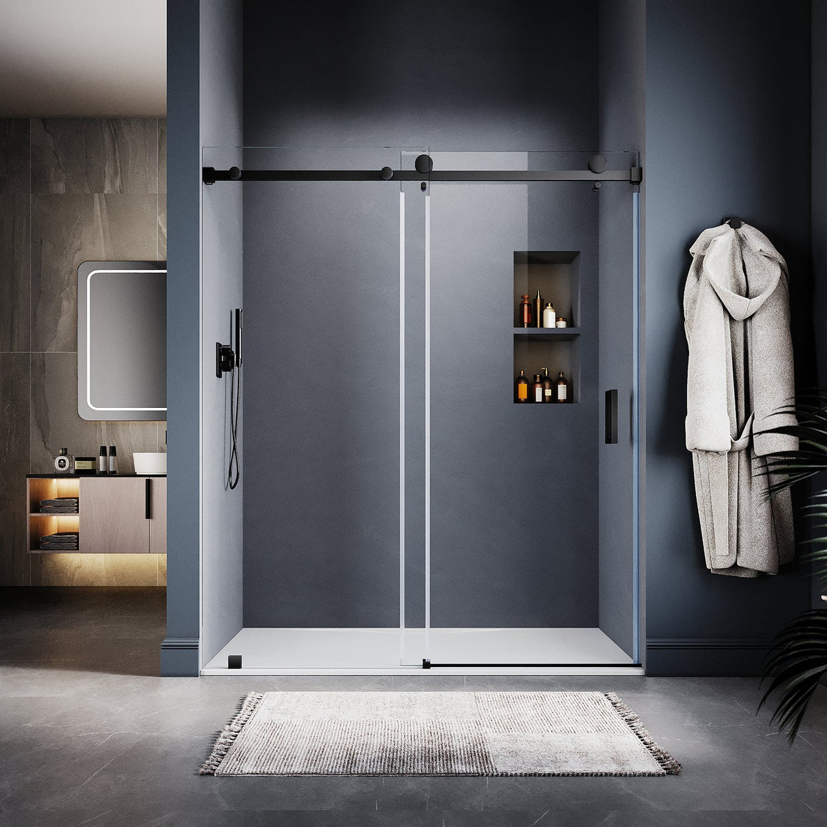 DS05 61 to 65 in. W x 76 or 80 in. H Sliding Frameless Shower Door, EnduroShield 3/8 in. SGCC Clear Glass