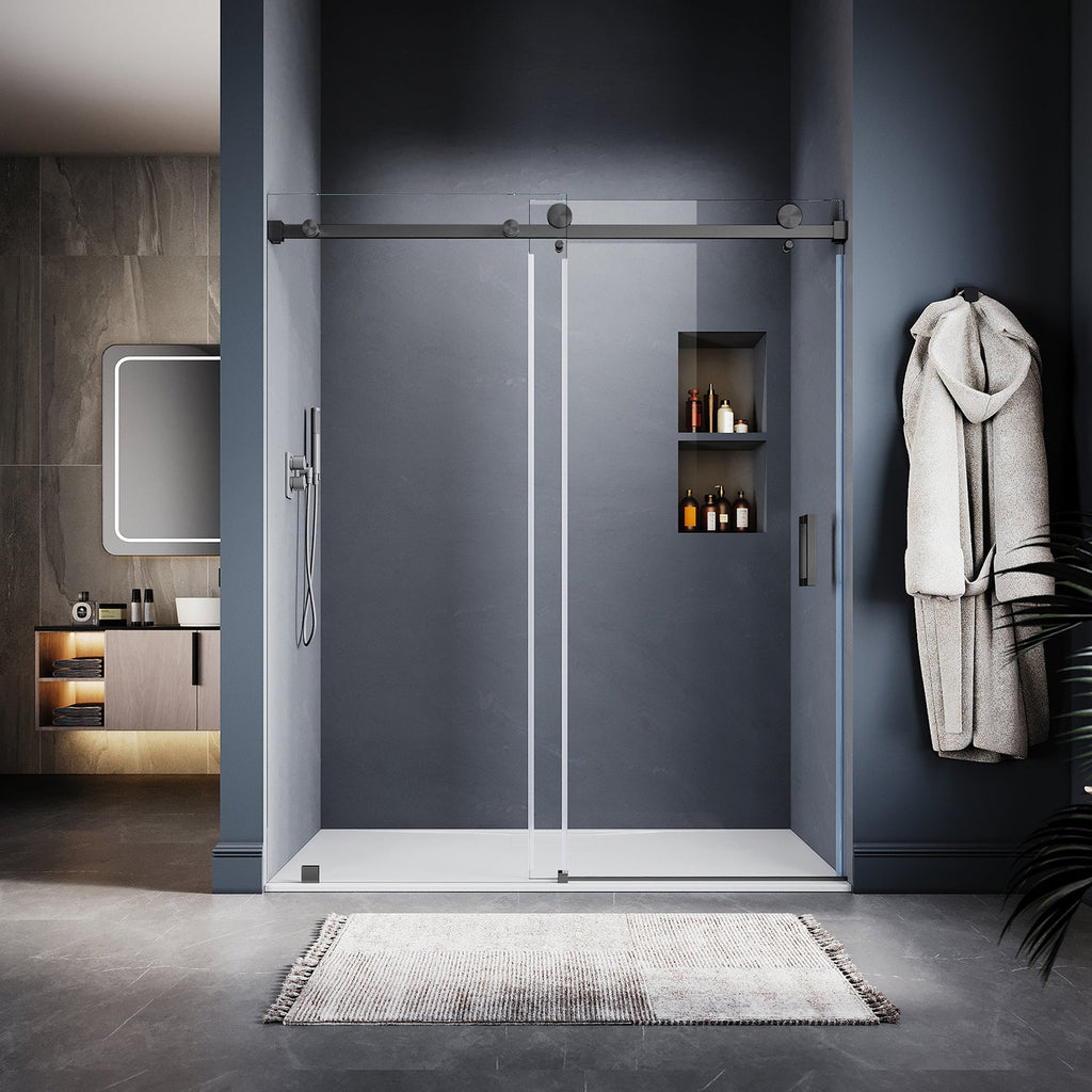 DS05 61 to 65 in. W x 76 or 80 in. H Sliding Frameless Shower Door, EnduroShield 3/8 in. SGCC Clear Glass