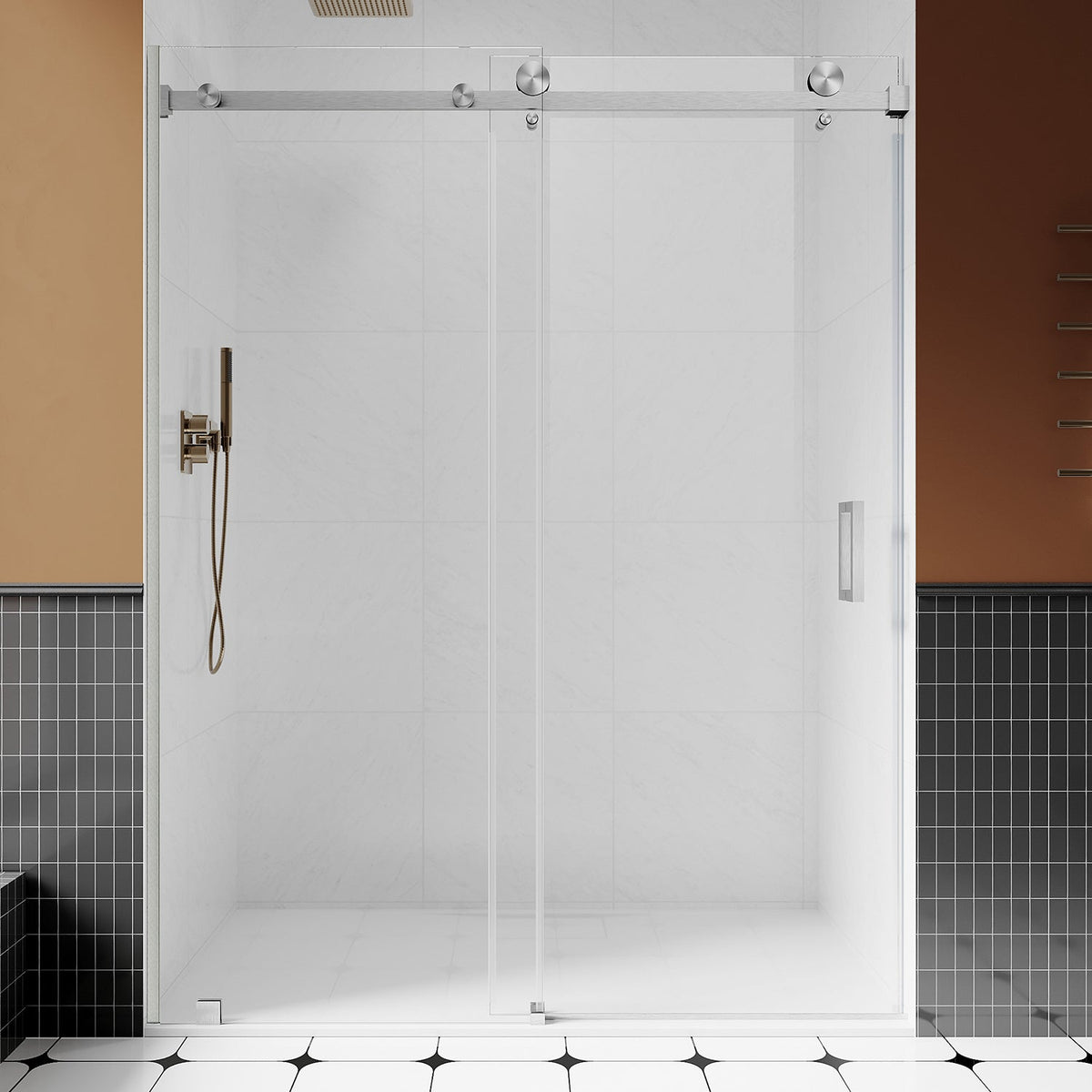 DS05 61 to 65 in. W x 76 or 80 in. H Sliding Frameless Shower Door, EnduroShield 3/8 in. SGCC Clear Glass