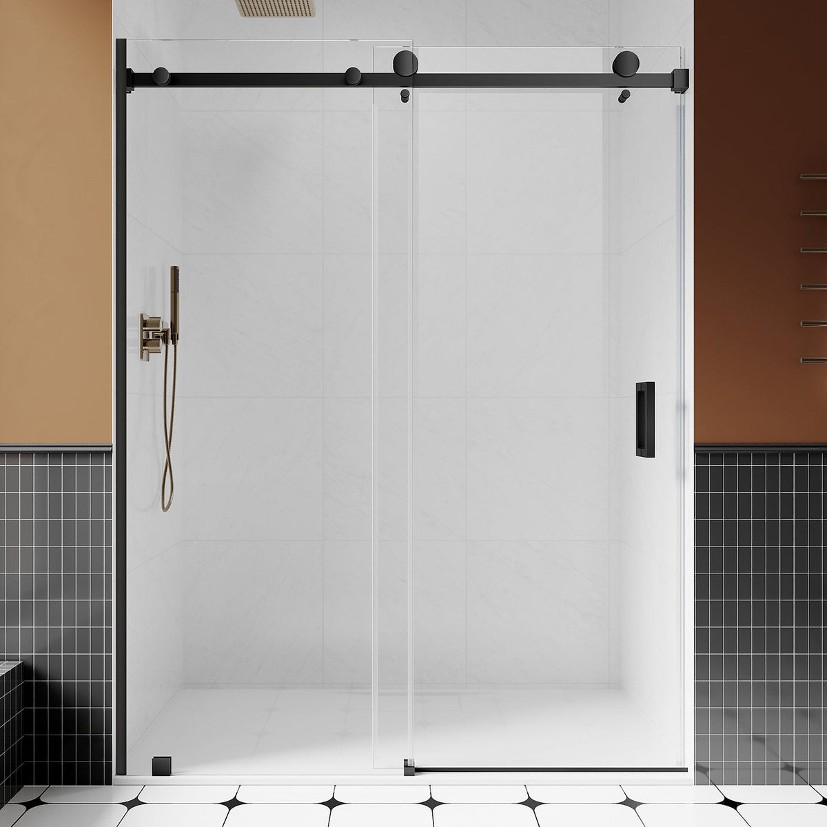 DS05 61 to 65 in. W x 76 or 80 in. H Sliding Frameless Shower Door, EnduroShield 3/8 in. SGCC Clear Glass