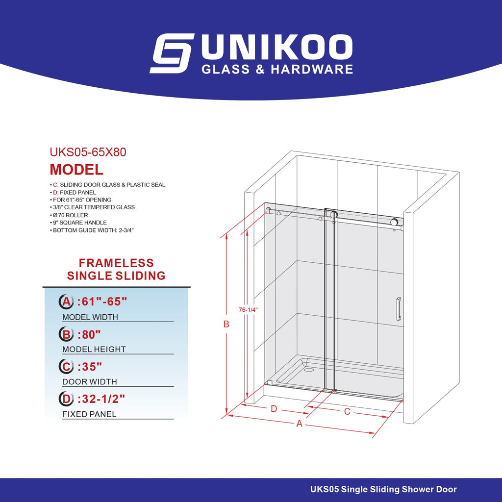 DS05 61 to 65 in. W x 76 or 80 in. H Sliding Frameless Shower Door, EnduroShield 3/8 in. SGCC Clear Glass