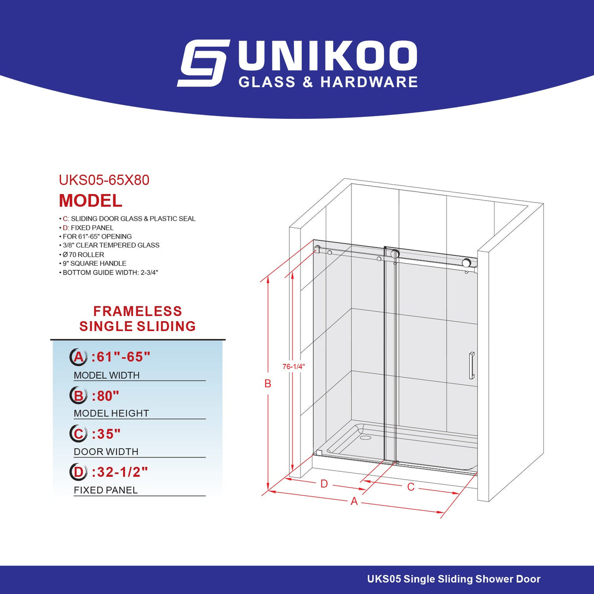DS05 61 to 65 in. W x 76 or 80 in. H Sliding Frameless Shower Door, EnduroShield 3/8 in. SGCC Clear Glass