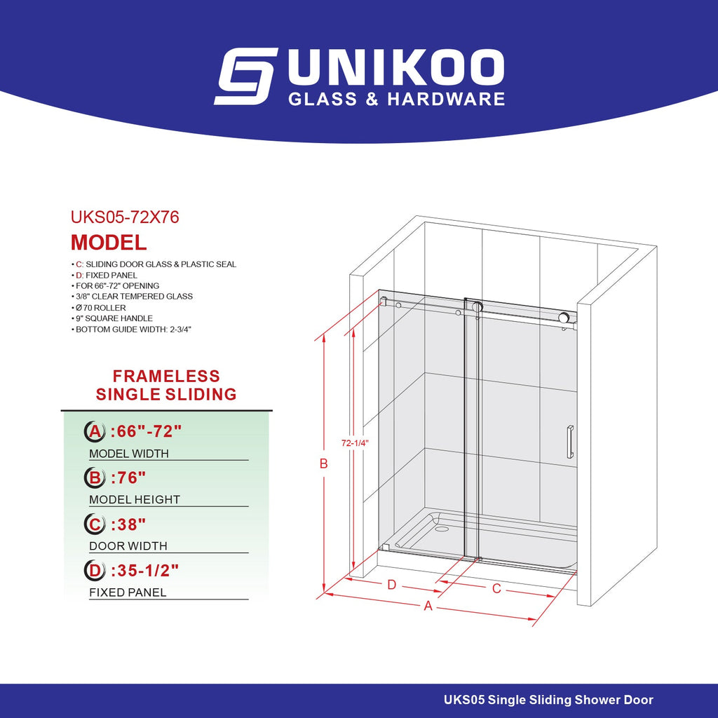 DS05 66 to 72 in. W x 76 or 80 in. H Sliding Frameless Shower Door, EnduroShield 3/8 in. SGCC Clear Glass