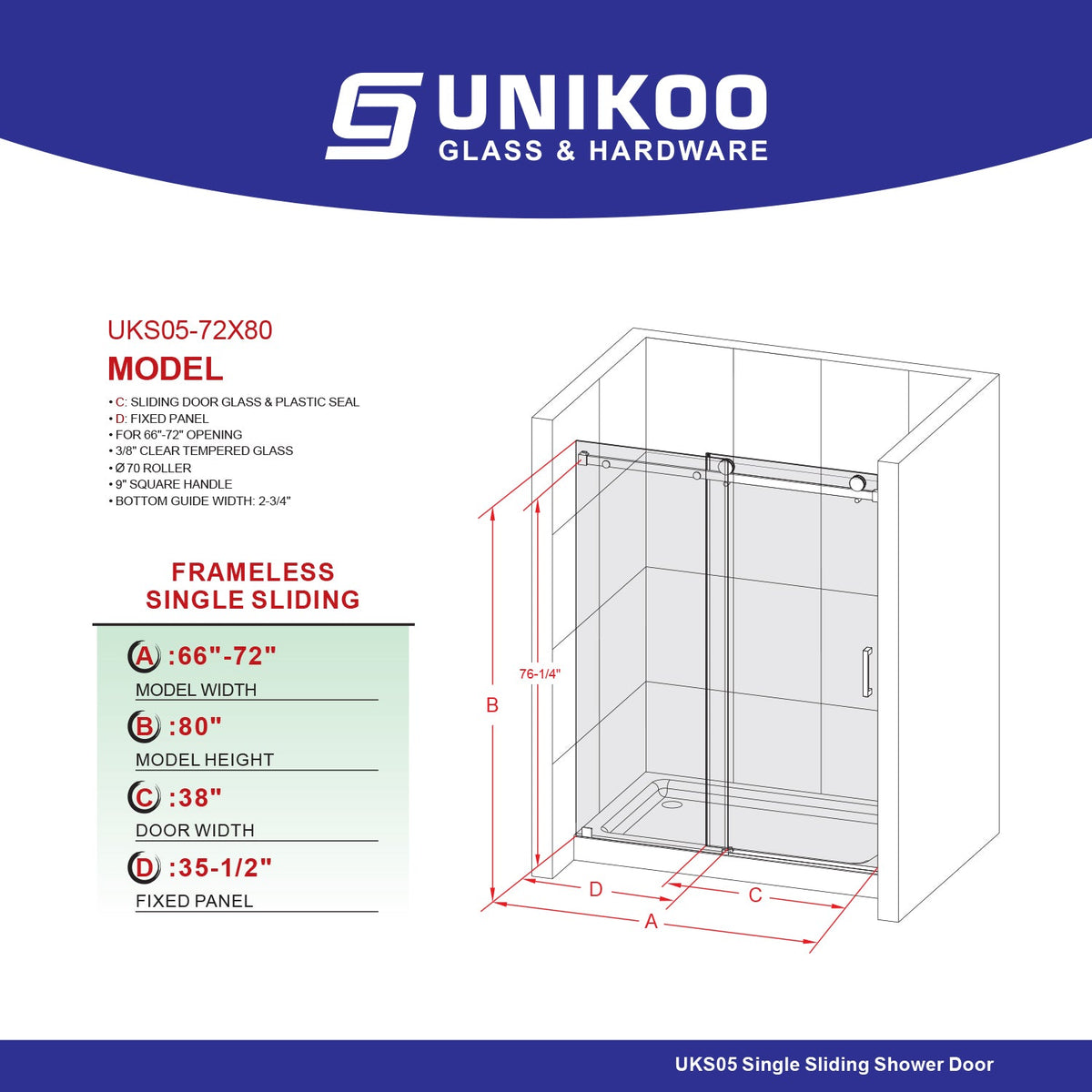 DS05 66 to 72 in. W x 76 or 80 in. H Sliding Frameless Shower Door, EnduroShield 3/8 in. SGCC Clear Glass